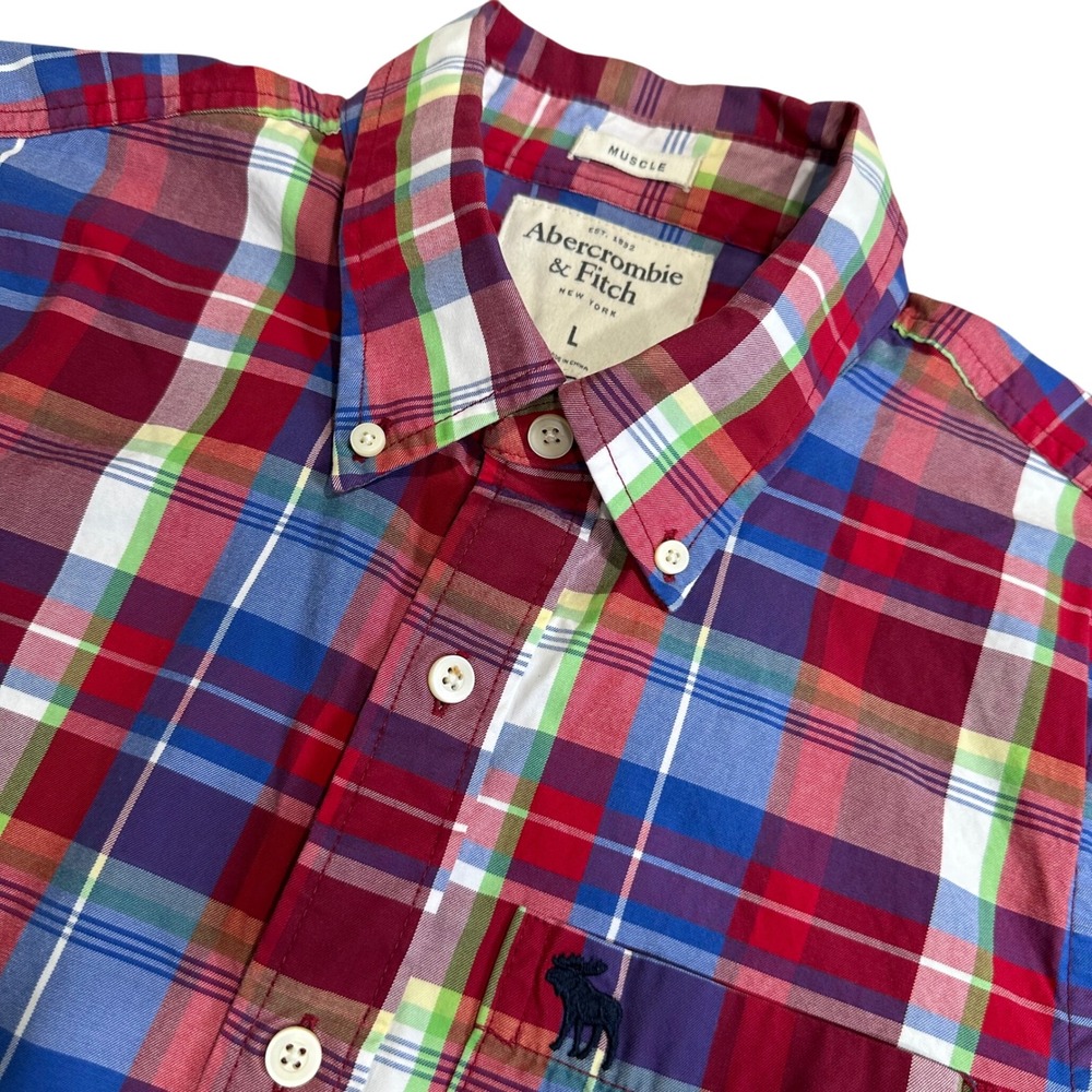 Abercrombie & Fitch Kids Boys Red Plaid Button Down Short Sleeve Muscle Shirt LG